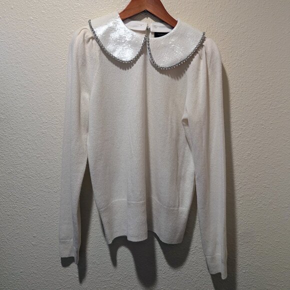 Charter Club 100% Cashmere Cream Sweater Detachable Sequin Collar M - Picture 2 of 4
